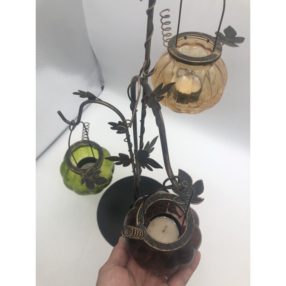 Metal Leaves Candle holders with Tri-color Crack Designed Glasses 18”Tall - Picture 8 of 12